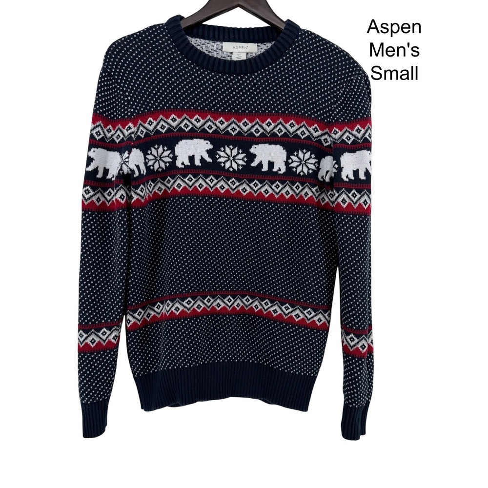 Aspen Sweater Men‎ Small Navy Fair Isle Polar Bear Nordic Holiday Christmas ski